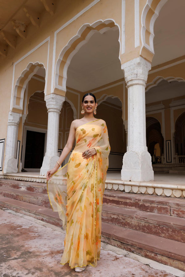 Yellow Hand Painted Floral Chiffon Saree - Geroo Jaipur