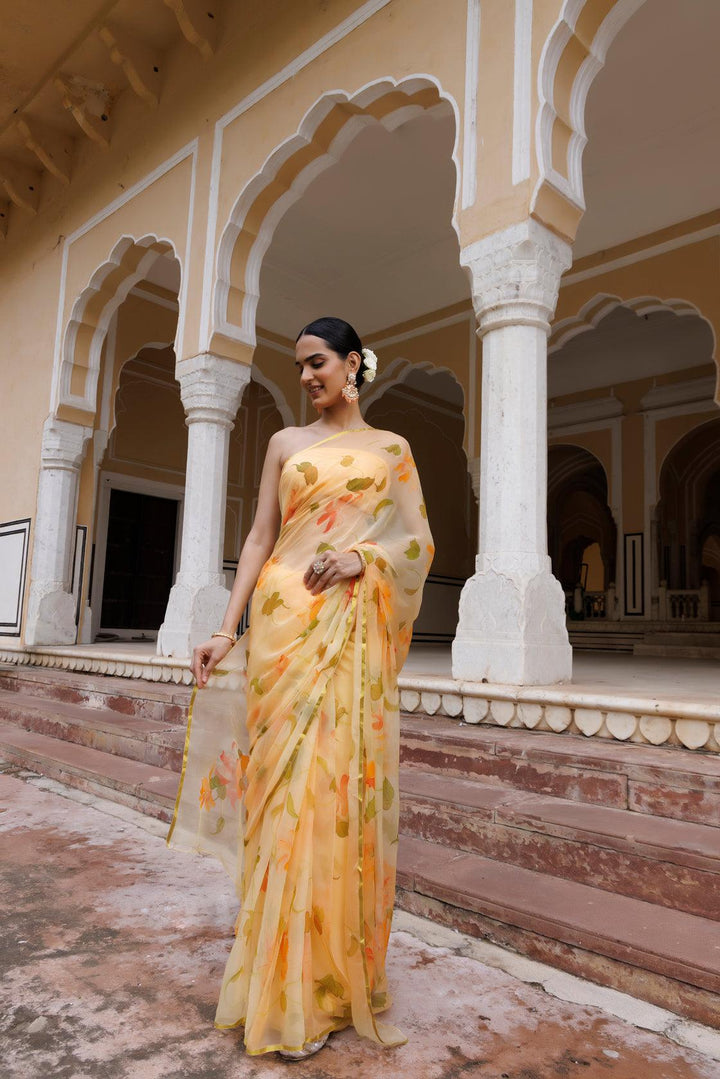 Yellow Hand Painted Floral Chiffon Saree - Geroo Jaipur