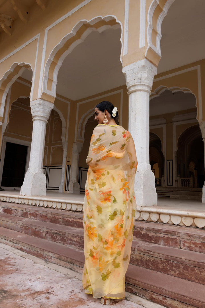 Yellow Hand Painted Floral Chiffon Saree - Geroo Jaipur