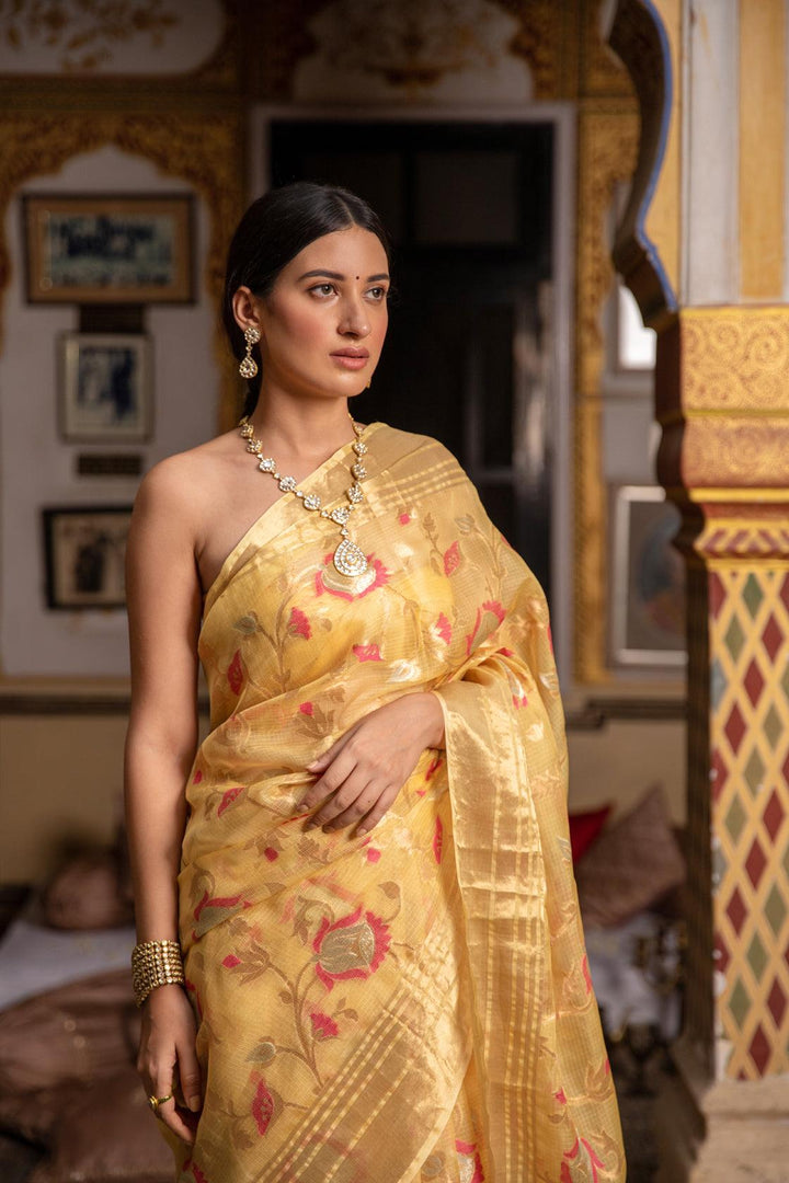 Yellow Hand Woven Pure Kota Silk Saree - Geroo Jaipur