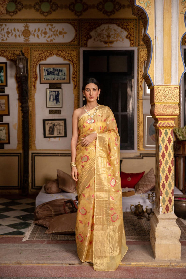 Yellow Hand Woven Pure Kota Silk Saree - Geroo Jaipur