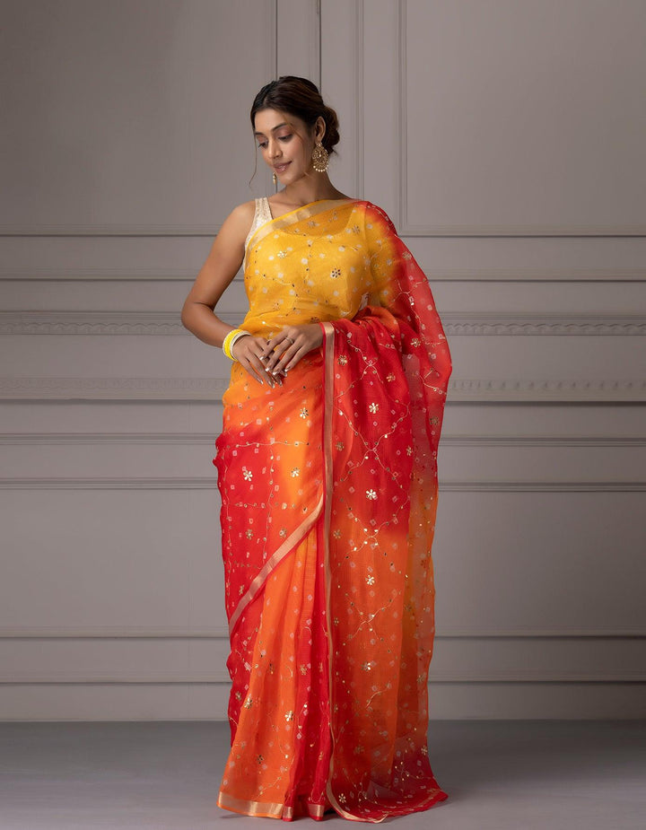 Yellow Orange Pure Kota Silk Handcrafted Gota Jaal Bandhani Saree - Geroo Jaipur