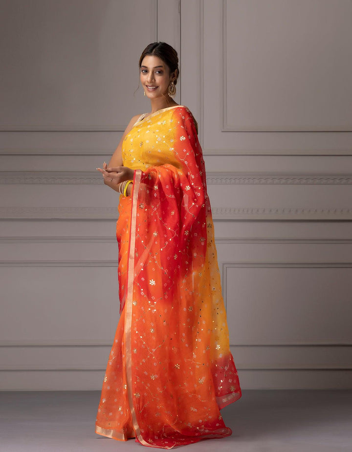 Yellow Orange Pure Kota Silk Handcrafted Gota Jaal Bandhani Saree - Geroo Jaipur