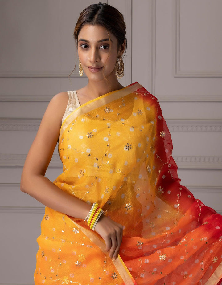 Yellow Orange Pure Kota Silk Handcrafted Gota Jaal Bandhani Saree - Geroo Jaipur