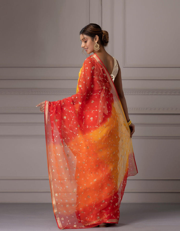 Yellow Orange Pure Kota Silk Handcrafted Gota Jaal Bandhani Saree - Geroo Jaipur