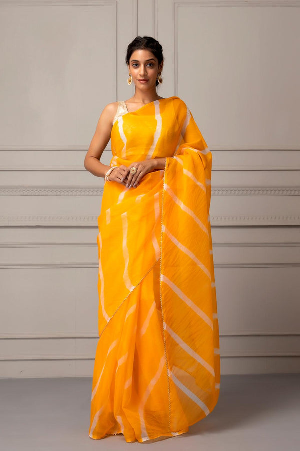 Yellow Organza Hand Dyed Leheriya Saree - Geroo Jaipur