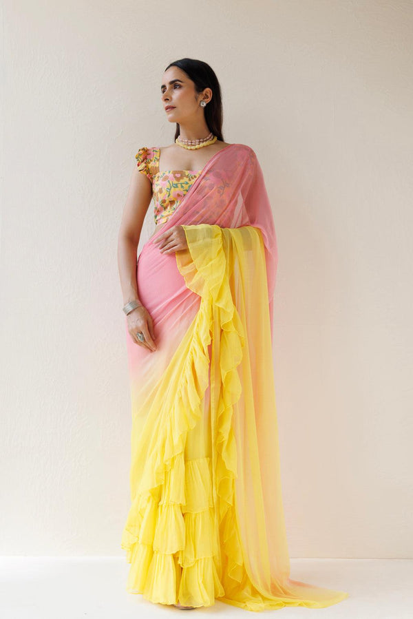 Yellow-Pink Pre-Draped Ombre Chiffon Saree - Geroo Jaipur