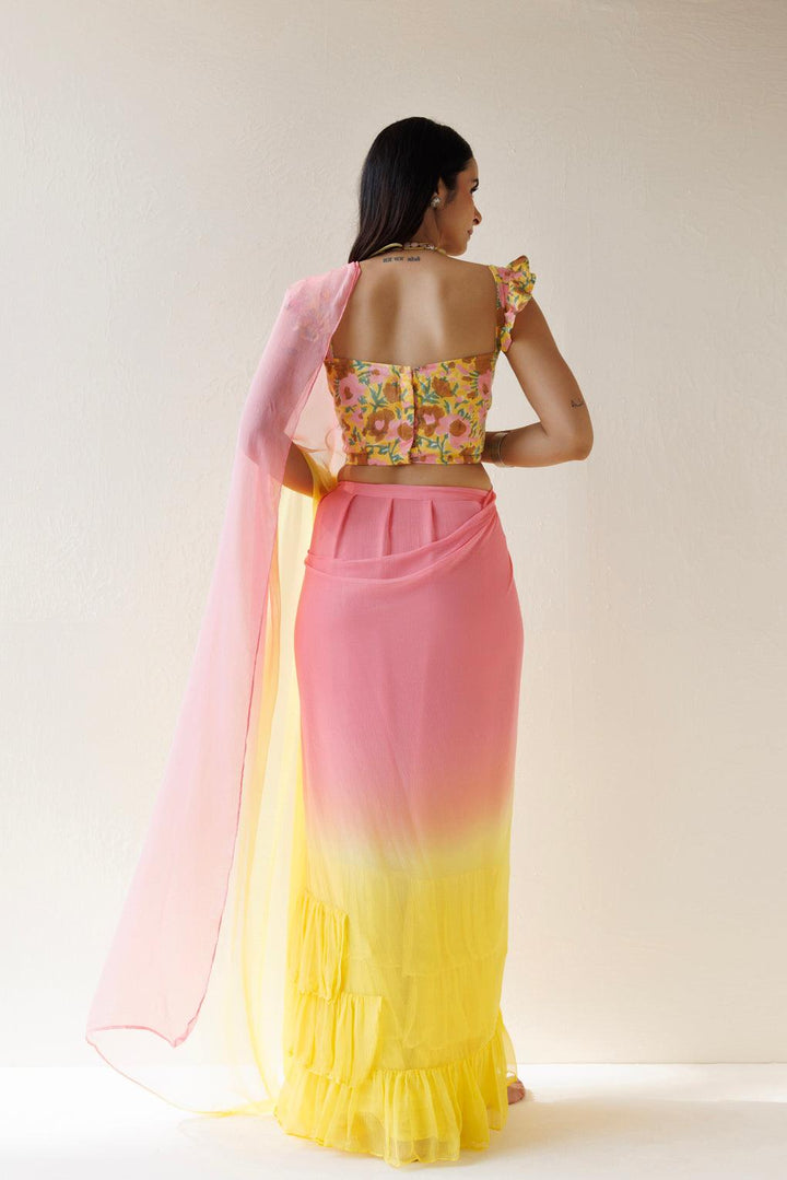 Yellow-Pink Pre-Draped Ombre Chiffon Saree - Geroo Jaipur