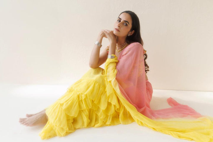 Yellow-Pink Pre-Draped Ombre Chiffon Saree - Geroo Jaipur