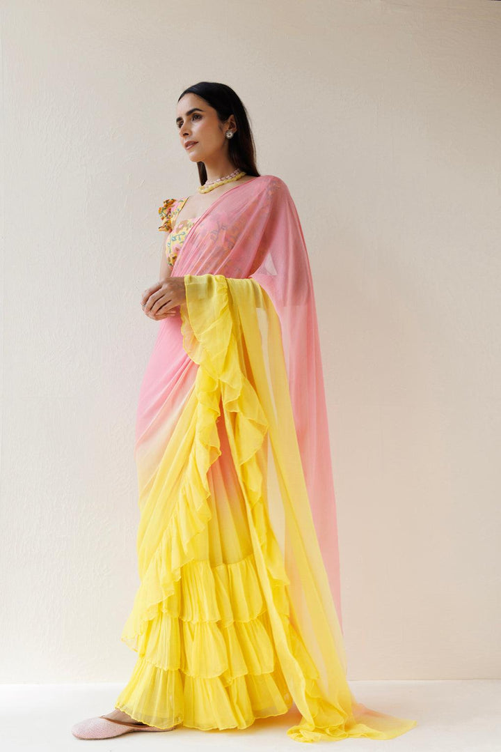 Yellow-Pink Pre-Draped Ombre Chiffon Saree - Geroo Jaipur