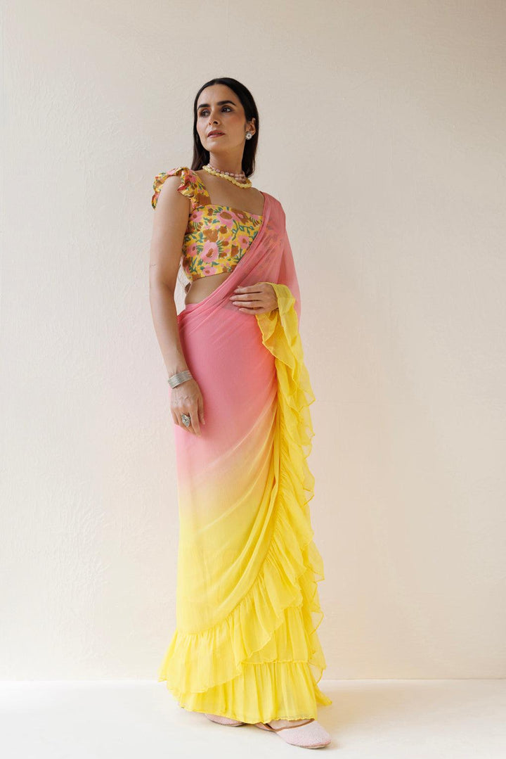 Yellow-Pink Pre-Draped Ombre Chiffon Saree - Geroo Jaipur