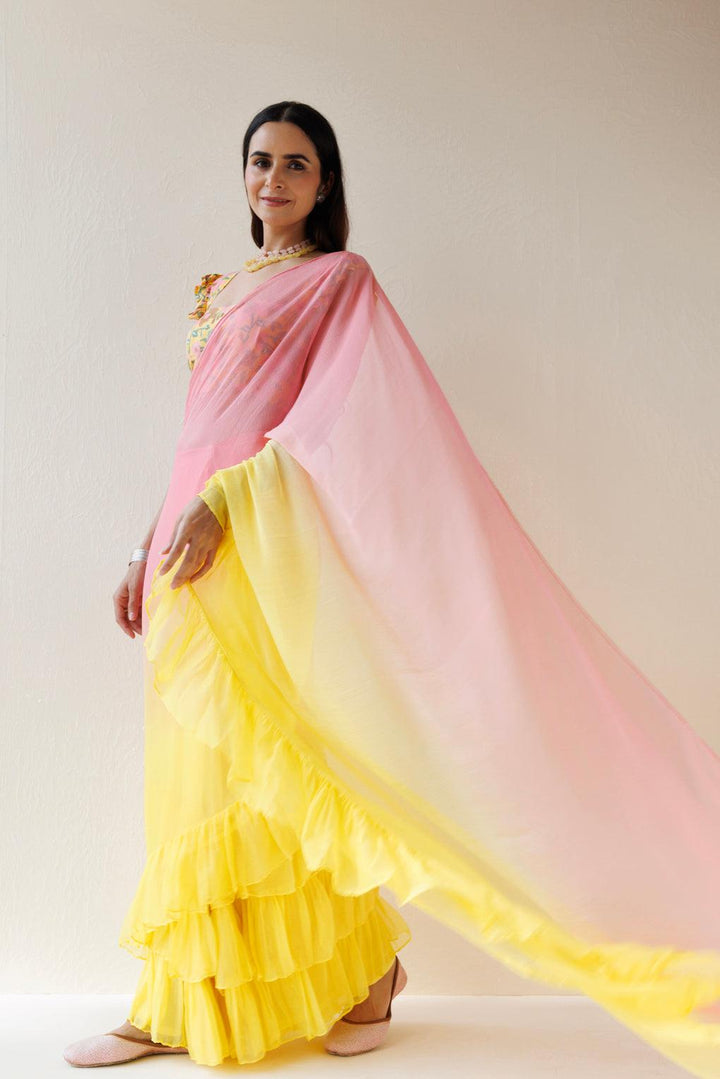 Yellow-Pink Pre-Draped Ombre Chiffon Saree - Geroo Jaipur