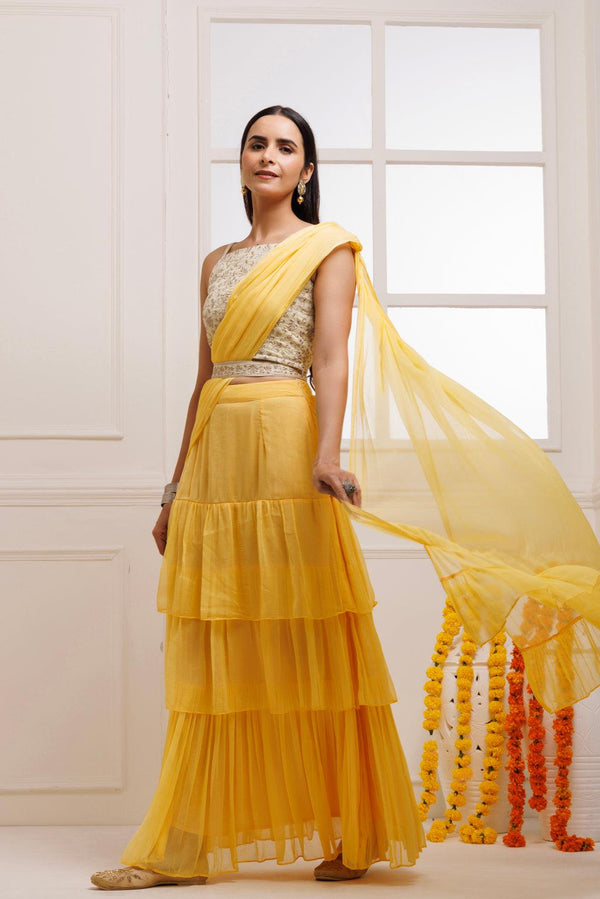 Yellow Ready To Wear Ruffled Chiffon Saree with Stitched Blouse - Geroo Jaipur