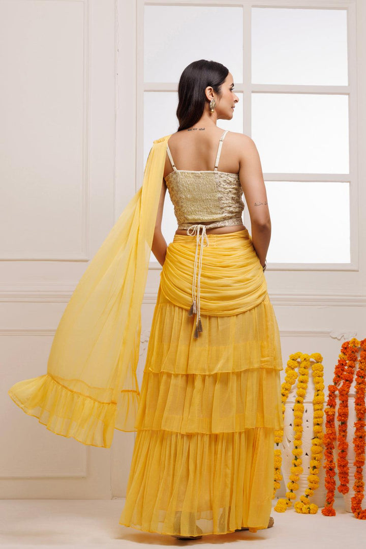 Yellow Ready To Wear Ruffled Chiffon Saree with Stitched Blouse - Geroo Jaipur