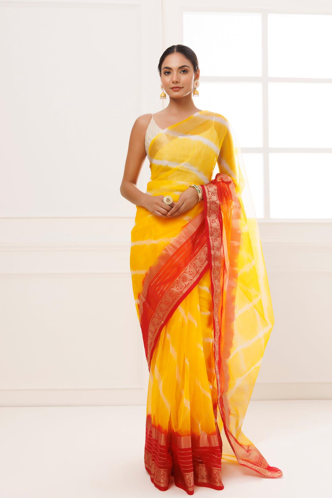 Beautiful Red and Yellow Katan Silk Saree with Antique Zari | Silk sarees,  Saree, Blouse piece