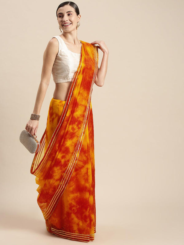 Yellow Red Shaded Hand Dyed Organza Shibori Saree - Geroo Jaipur