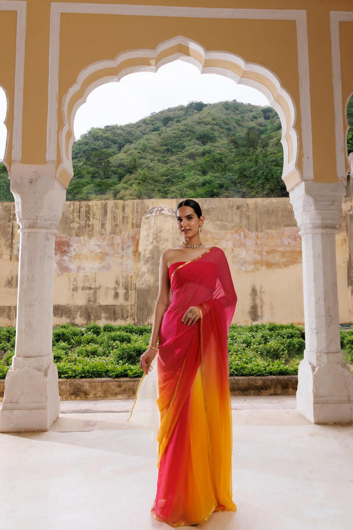 Yellow Red Shaded Hand Dyed Plain Chiffon Saree With Jacquard Blouse - Geroo Jaipur