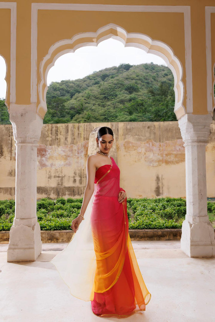 Yellow Red Shaded Hand Dyed Plain Chiffon Saree With Jacquard Blouse - Geroo Jaipur