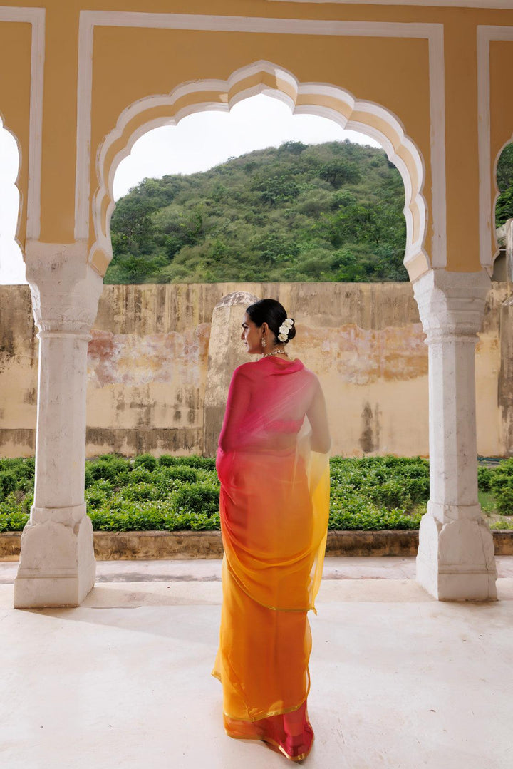 Yellow Red Shaded Hand Dyed Plain Chiffon Saree With Jacquard Blouse - Geroo Jaipur