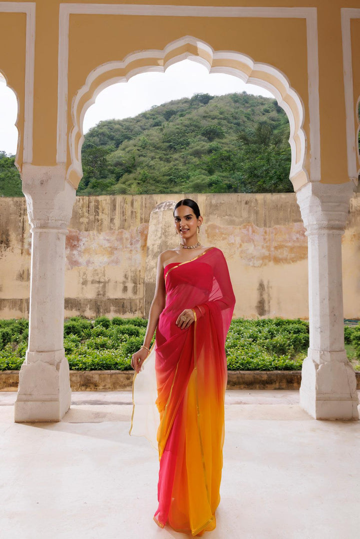 Yellow Red Shaded Hand Dyed Plain Chiffon Saree With Jacquard Blouse - Geroo Jaipur