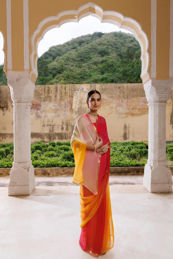 Yellow Red Shaded Hand Dyed Plain Chiffon Saree With Jacquard Blouse - Geroo Jaipur