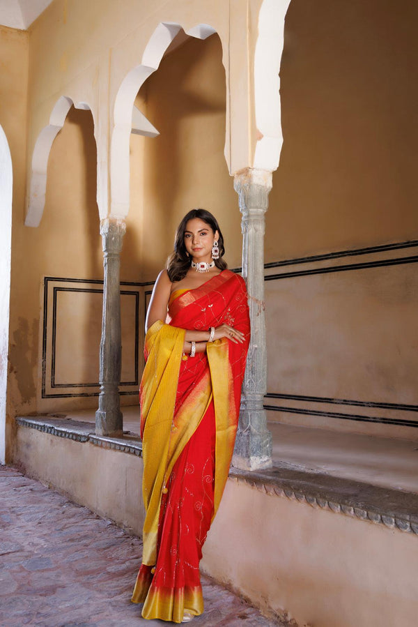 Yellow-red shaded silk banarasi hand embroidered saree - Geroo Jaipur