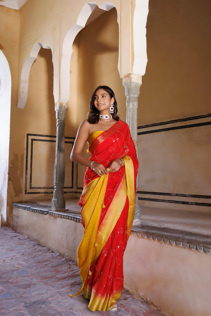 Yellow-red shaded silk banarasi hand embroidered saree - Geroo Jaipur