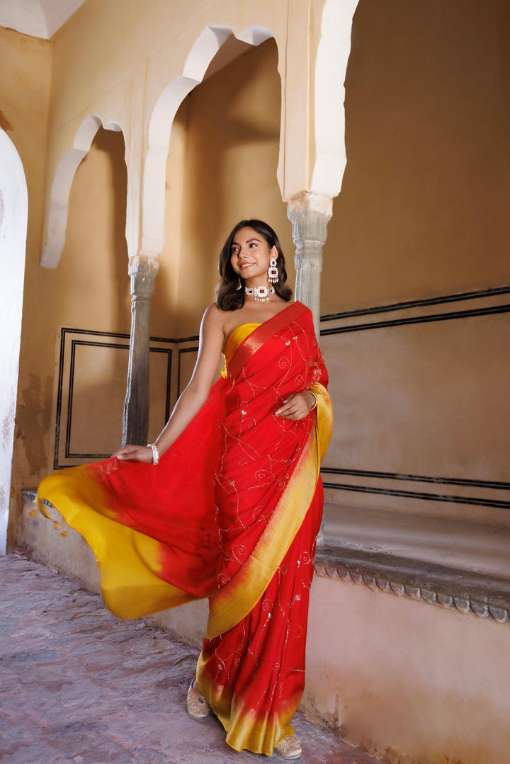 Yellow-red shaded silk banarasi hand embroidered saree - Geroo Jaipur