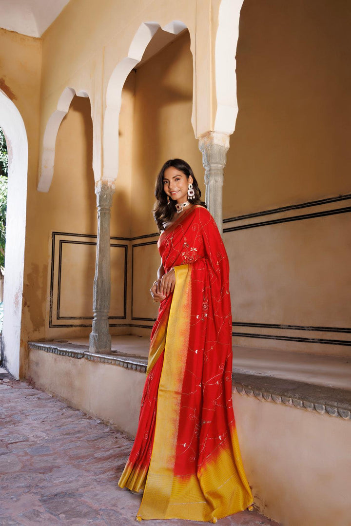 Yellow-red shaded silk banarasi hand embroidered saree - Geroo Jaipur