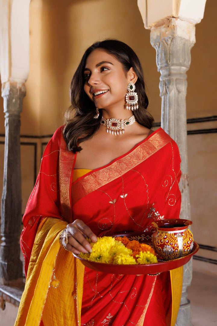 Yellow-red shaded silk banarasi hand embroidered saree - Geroo Jaipur