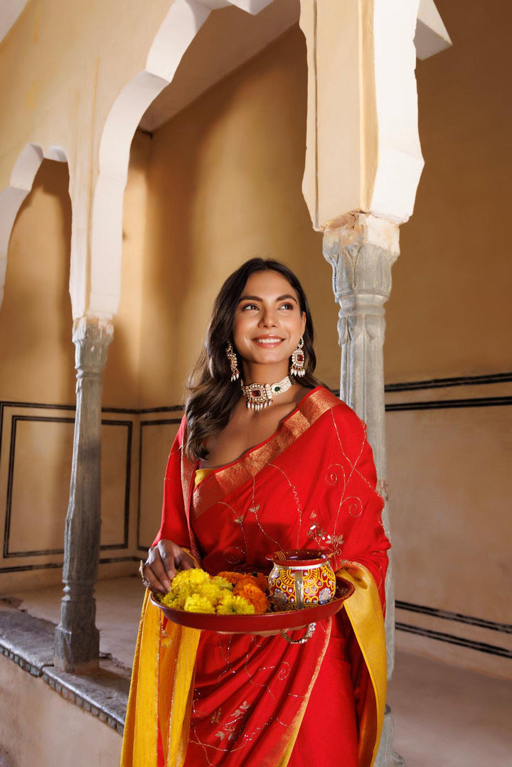 Yellow-red shaded silk banarasi hand embroidered saree - Geroo Jaipur