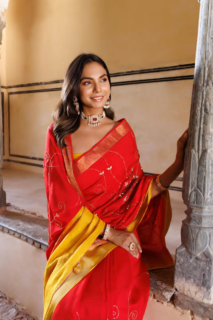 Yellow-red shaded silk banarasi hand embroidered saree - Geroo Jaipur