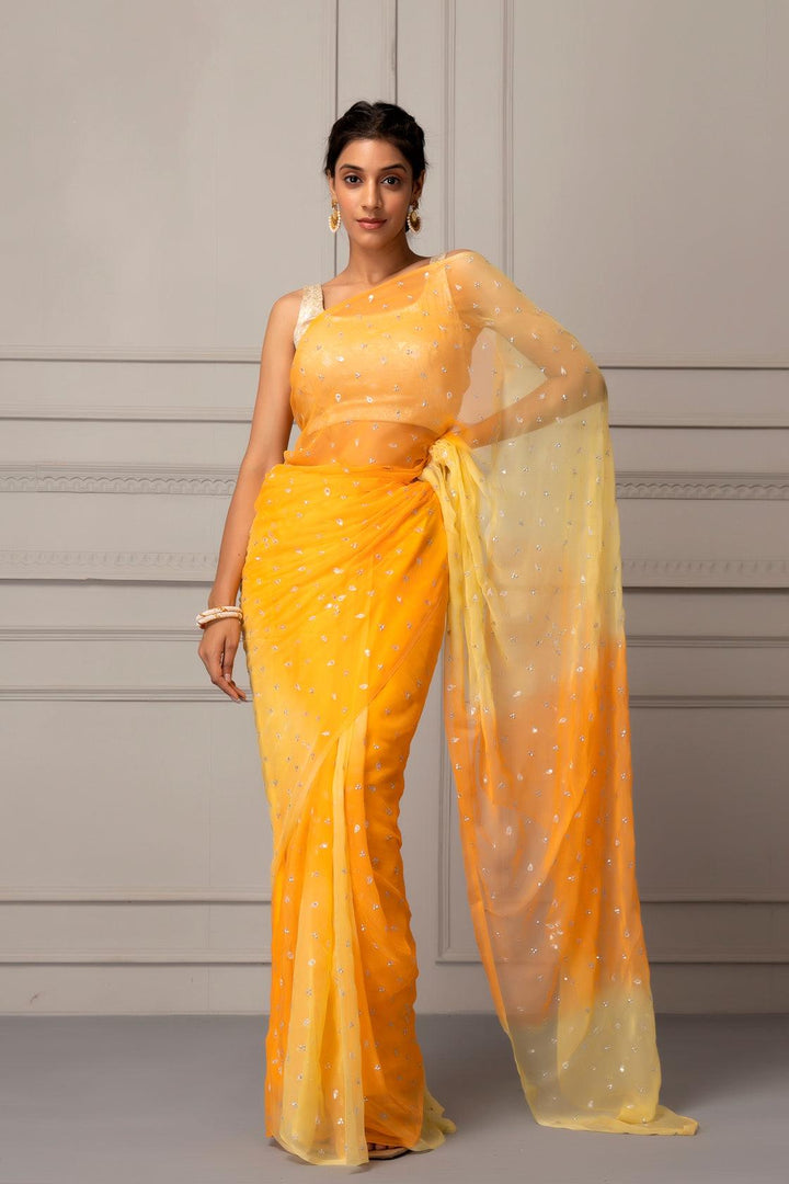 Yellow Shaded Hand Embroidered Chiffon Saree - Geroo Jaipur