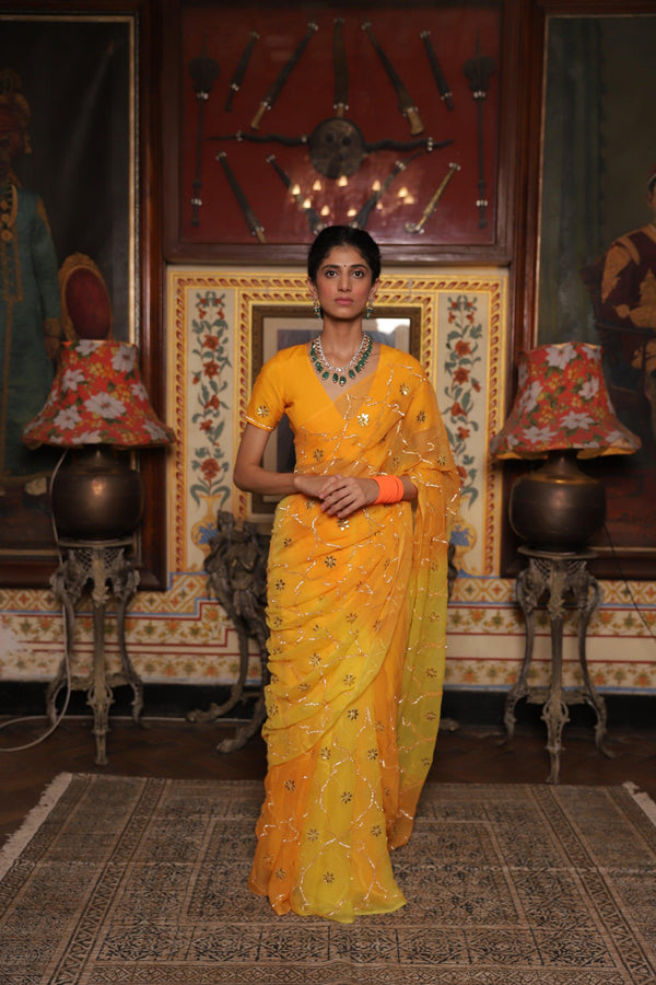 Yellow Shaded Hand Embroidered Gota Jaal Chiffon Saree - Geroo Jaipur