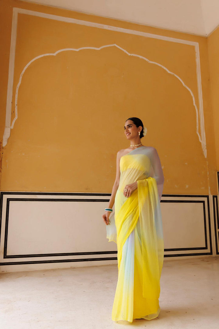 Yellow Shaded Mukaish Hand Embroidered Chiffon Saree - Geroo Jaipur