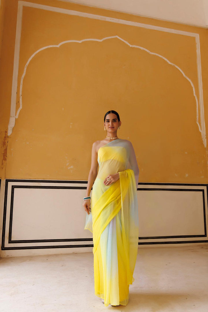 Yellow Shaded Mukaish Hand Embroidered Chiffon Saree - Geroo Jaipur