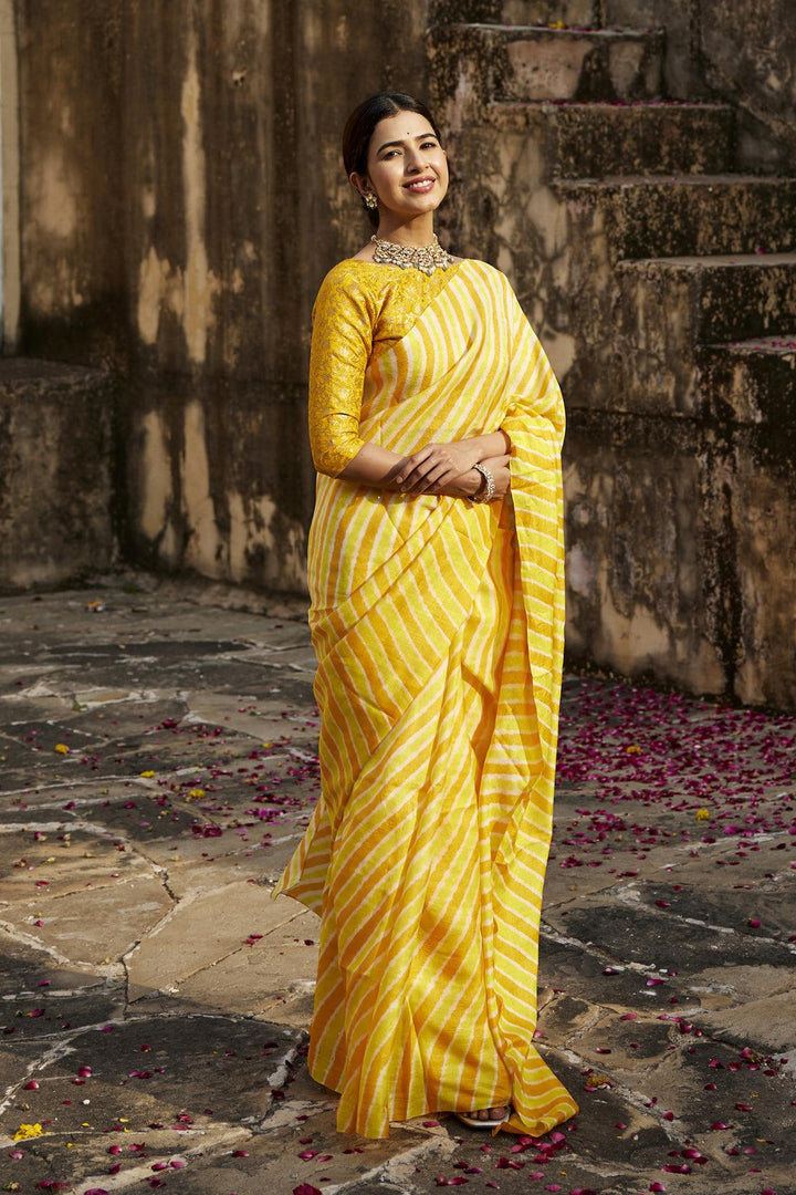 Yellow Shaded Pure Tussar Silk Hand-Dyed Leheriya Saree - Geroo Jaipur