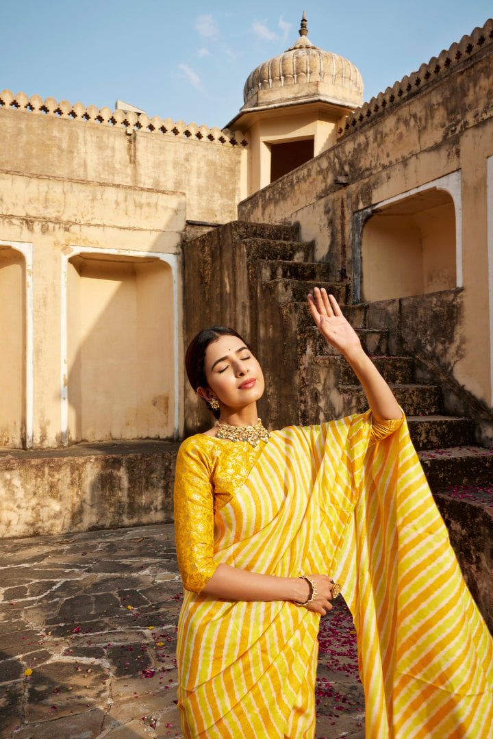 Yellow Shaded Pure Tussar Silk Hand-Dyed Leheriya Saree - Geroo Jaipur