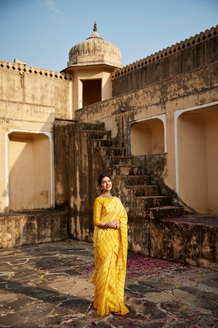 Yellow Shaded Pure Tussar Silk Hand-Dyed Leheriya Saree - Geroo Jaipur