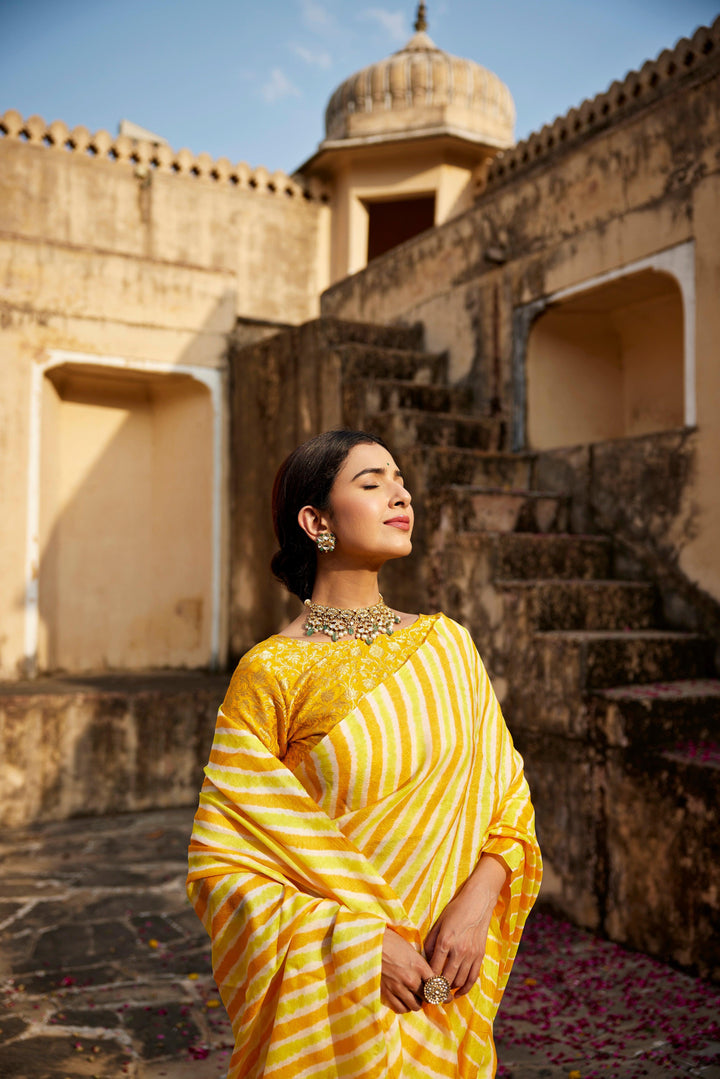 Yellow Shaded Pure Tussar Silk Hand-Dyed Leheriya Saree - Geroo Jaipur