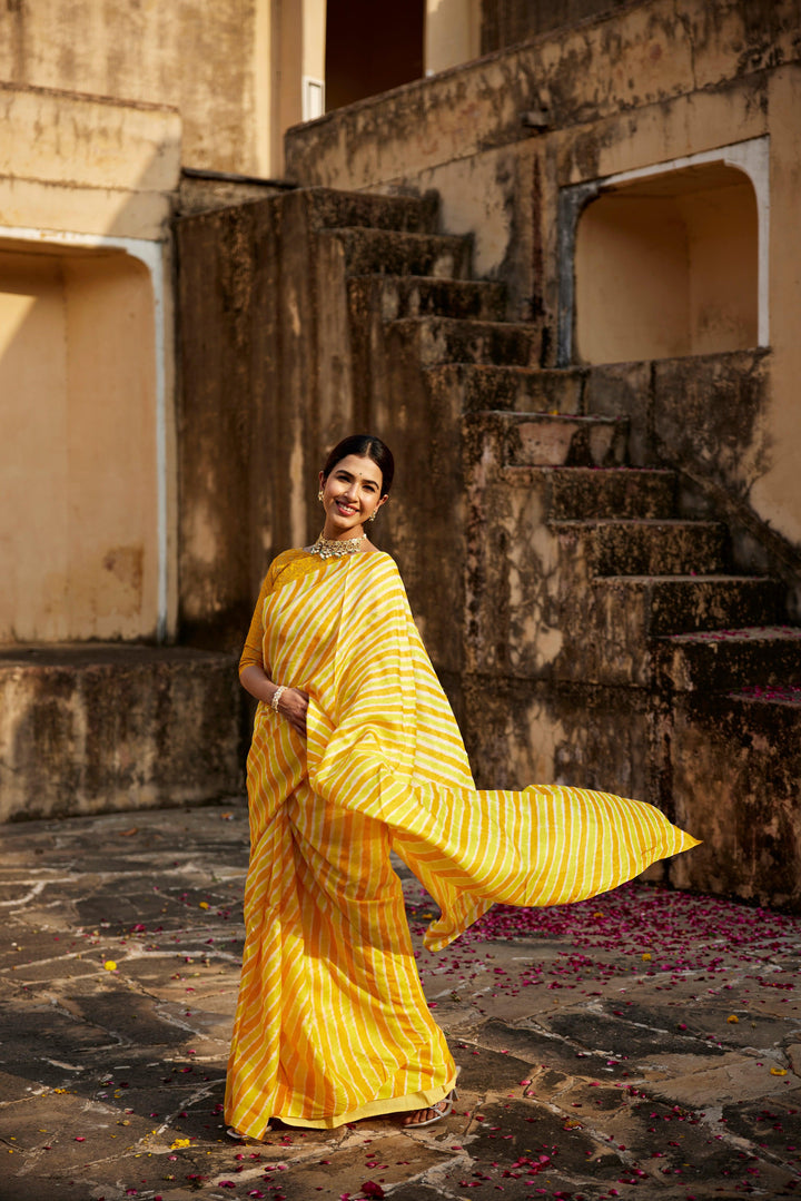 Yellow Shaded Pure Tussar Silk Hand-Dyed Leheriya Saree - Geroo Jaipur