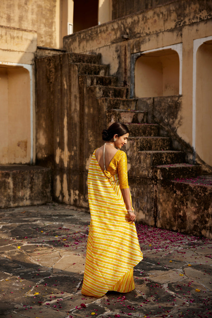 Yellow Shaded Pure Tussar Silk Hand-Dyed Leheriya Saree - Geroo Jaipur