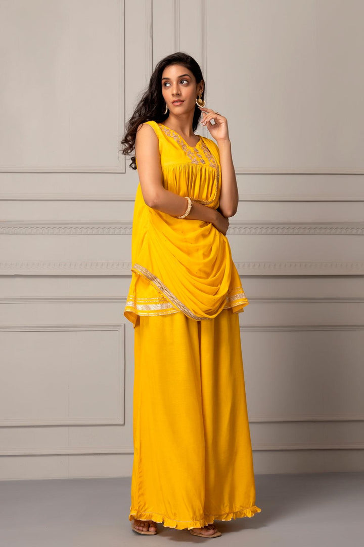 Yellow Shantoon Handcrafted Gota Patti Fusion Dress - Geroo Jaipur