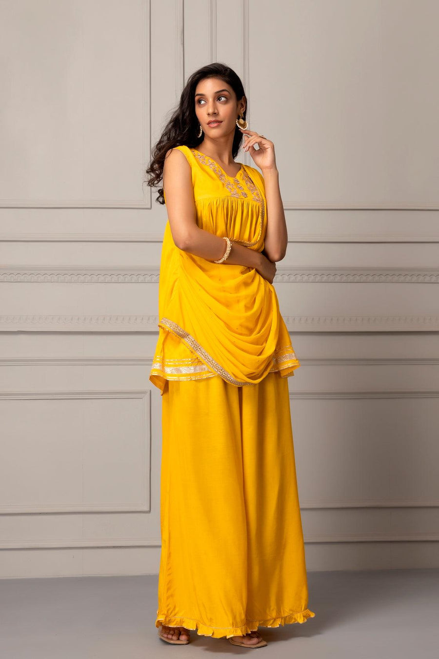 Yellow Shantoon Handcrafted Gota Patti Fusion Dress