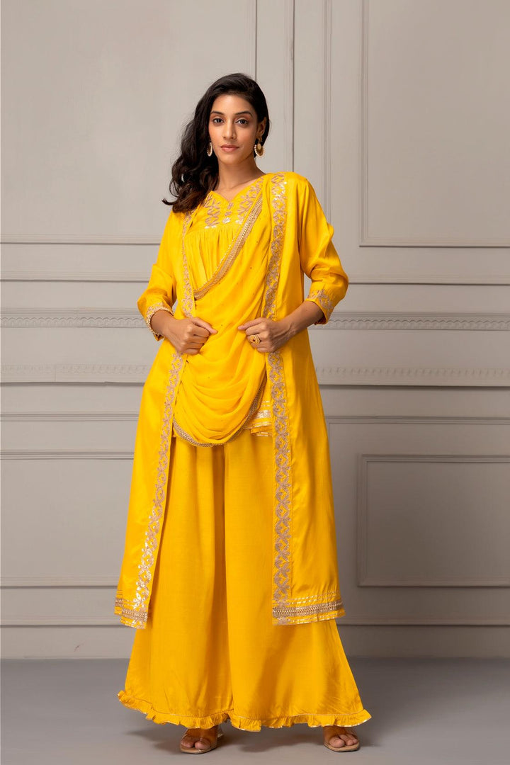 Yellow Shantoon Handcrafted Gota Patti Fusion Dress - Geroo Jaipur