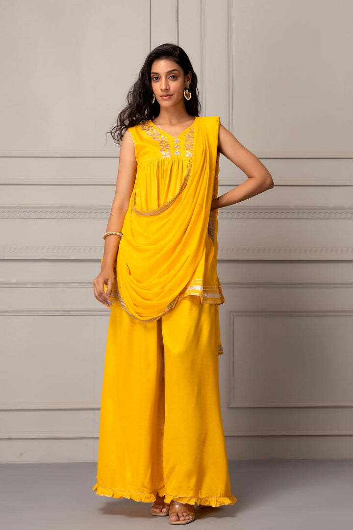 Yellow Shantoon Handcrafted Gota Patti Fusion Dress - Geroo Jaipur