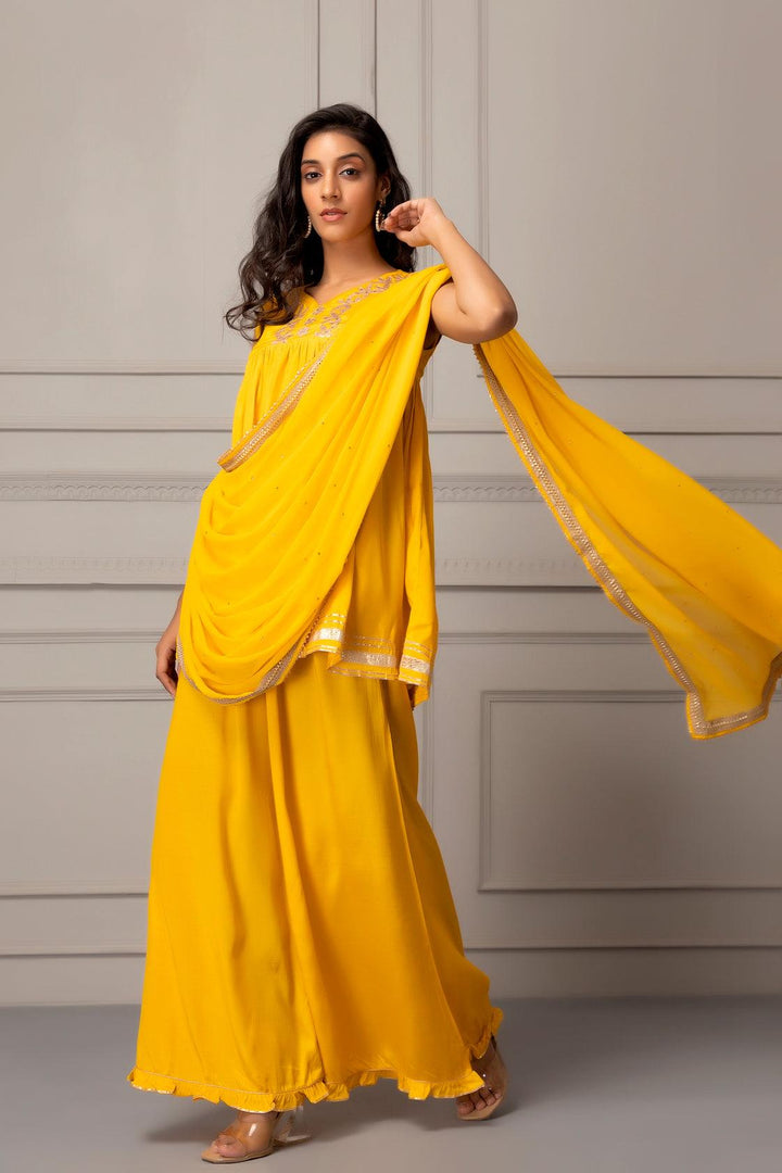 Yellow Shantoon Handcrafted Gota Patti Fusion Dress - Geroo Jaipur