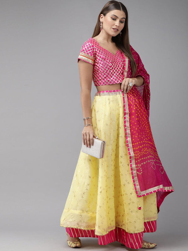 Yellow Stitched Handcrafted Kota Silk Lehenga With Bandhani Dupatta - Geroo Jaipur