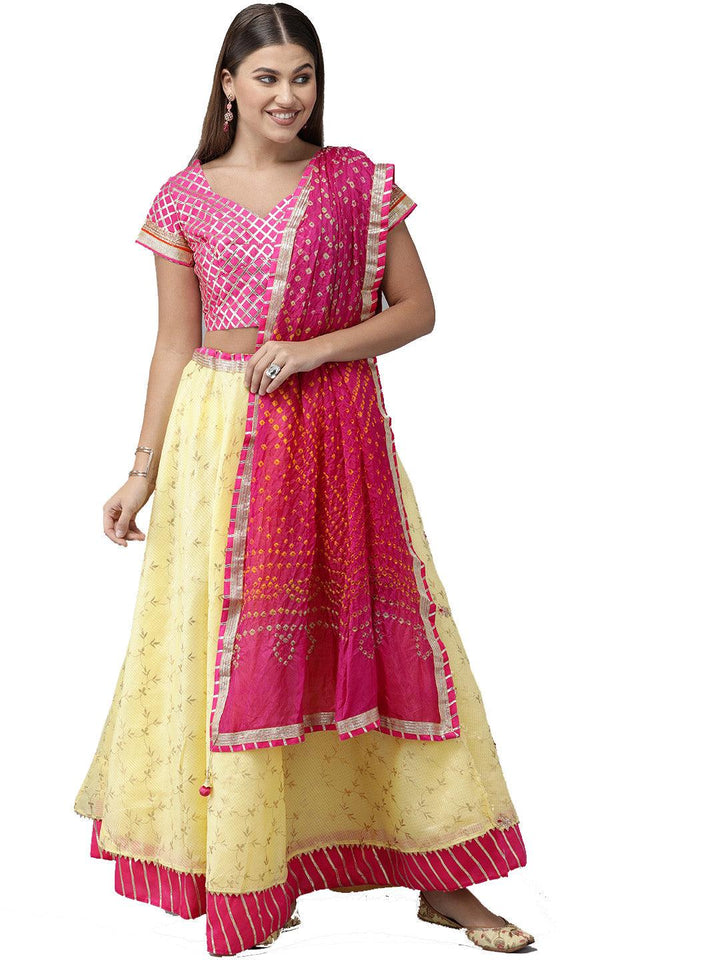 Yellow Stitched Handcrafted Kota Silk Lehenga With Bandhani Dupatta - Geroo Jaipur