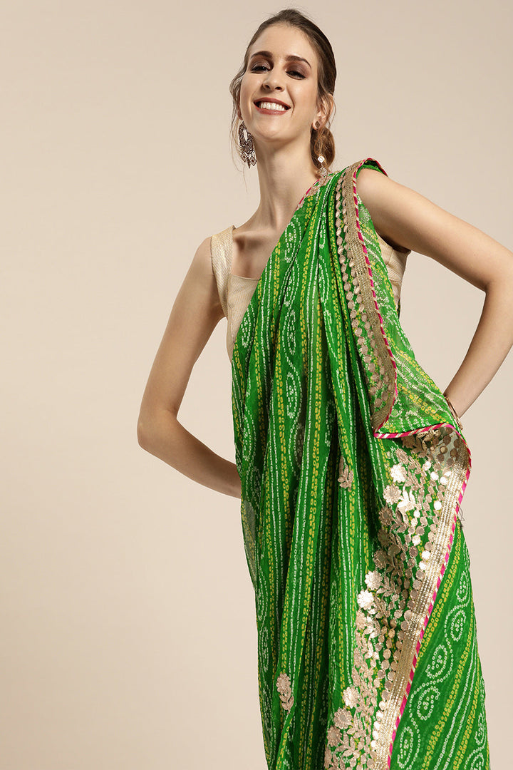 Green Georgette Bandhani Saree Geroo Jaipur